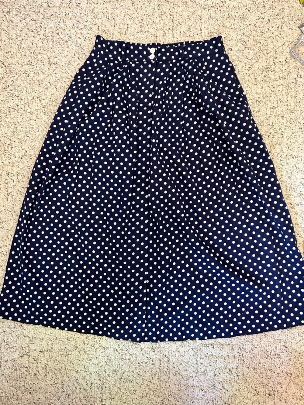 VTG 90’s Tabi 100% Cotton  Navy Polka Dot Midi Cottagecore Flare Skirt Academia